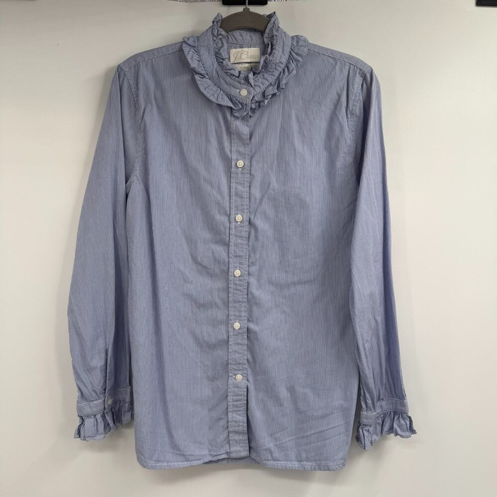 J Crew Ruffleneck Stripe Shirt Size 12 Blue White Classic Fit Ruffle Long Sleeve